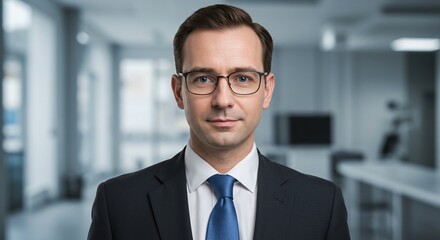 Obraz premium Confident Executive Portrait: A poised businessman, radiating professionalism and authority, gazes directly at the viewer in a dynamic portrait.