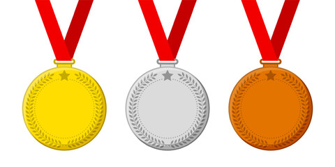 Vector isolated Gold, Silver and Bronze medals with red ribbon set