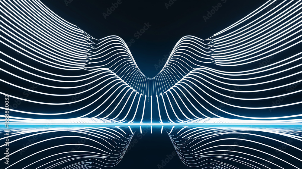 Poster abstract dark blue background with white glowing lines forming wavy patterns, creating a futuristic 