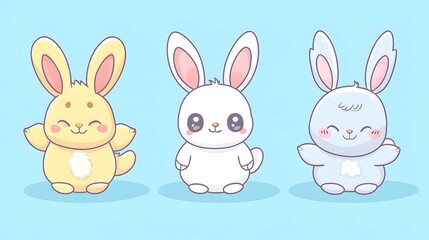 Obraz premium Collection of cute and adorable cartoon rabbit and bunny characters in a kawaii Japanese style flat Cheerful and happy fluffy animal mascots pets and icons perfect for children s decor gifts