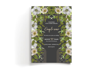 WEDDING INVITATION FRAME WITH FLOWER DECORATIONS AND FRESH LEAVES
