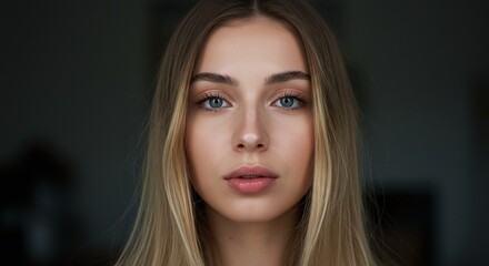 Naklejka premium Ethereal Portrait: A captivating portrait of a woman with long blonde hair and striking blue eyes, exudes an air of serenity and introspection, illuminated by soft, natural light.