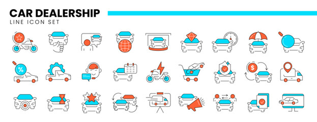 Vector set of auto dealership line icon of car dealer, automotive industry, rental service or vehicle trade center. Thin linear symbols of repair, maintenance, transportation insurance or buy new cars