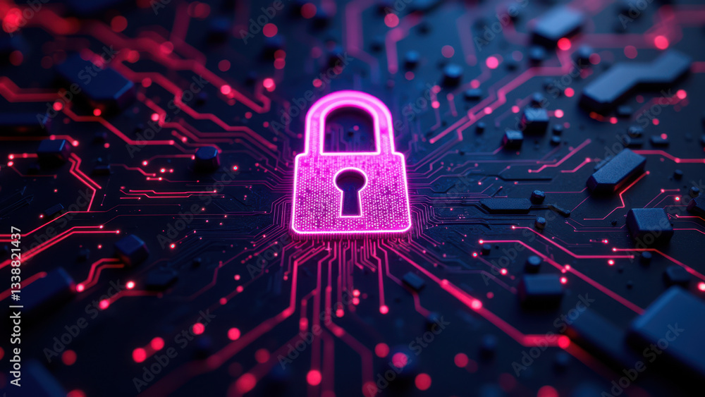 Poster a vibrant graphic representing cybersecurity with a pink lock symbol surrounded by intricate red cir