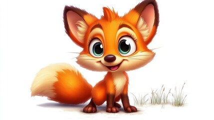Fototapeta premium Cute cartoon fox character, cheerful expression, outdoors, digitally illustrated