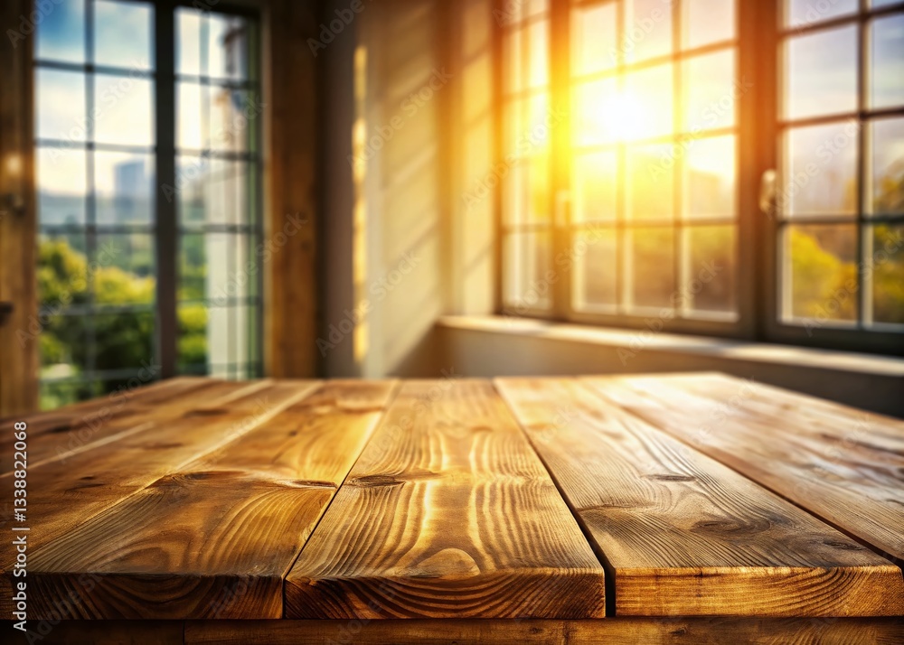 Poster rustic wooden table mockup: empty product display with window light for branding & e-commerce