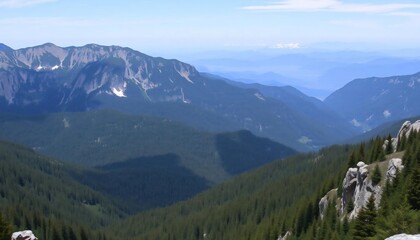 Fototapeta premium Majestic Mountain Panorama: A Breathtaking View of Rolling Hills and Verdant Forests