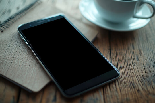 Coffee cup with latte art beside smartphone on wooden table during morning at a cozy cafe