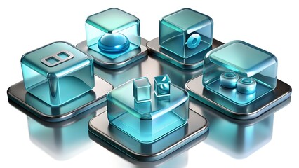 Obraz premium Crystalline Network Of Interconnected Data Cubes Showcasing Digital Innovation And Seamless Connectivity With A Sleek, Modern Aesthetic And Cool Aqua Tones