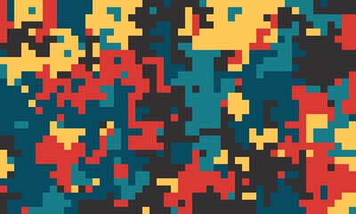 Abstract pixel art background. Vibrant red, yellow, teal, and black squares create a dynamic, energetic design. Ideal for websites, presentations, or digital art projects.