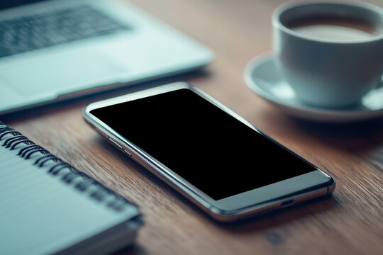 Coffee cup with latte art beside smartphone on wooden table during morning at a cozy cafe
