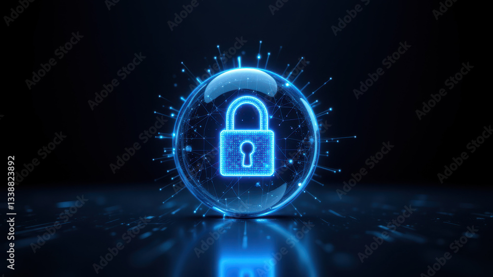 Poster cybersecurity lock with glowing blue digital effects and background, representing protection of data