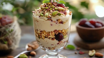 Garnished with pistachios dates cashews almonds cherries raisins