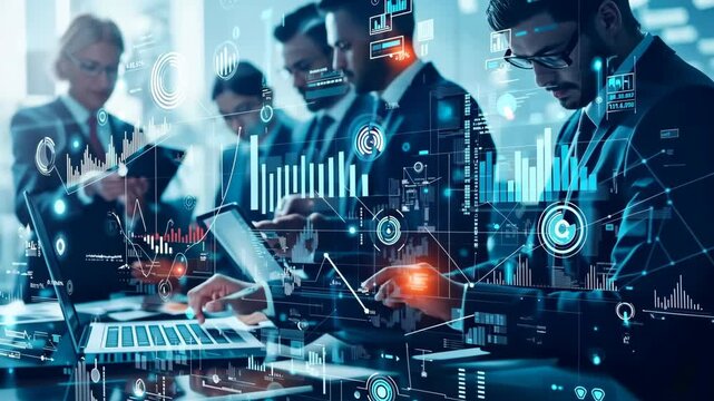 A dynamic business meeting with diverse professionals is analyzing critical data on laptops, enhancing collaboration and improving decisionmaking processes among team members and stakeholders