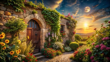 Obraz premium Rustic Sun, Moon, & Flower Garden: Magical Architectural Background