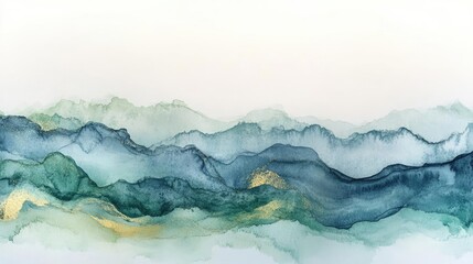 Abstract Teal Blue Green Watercolor Mountain Landscape with Gold Accents