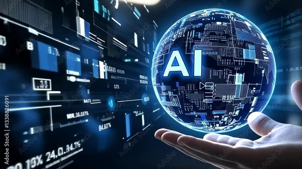 Aufkleber A hand holds a glowing AI sphere, symbolizing the integration of AI in the digital business landscape, with data streams in the background, highlighting automation, innovation, and robotics