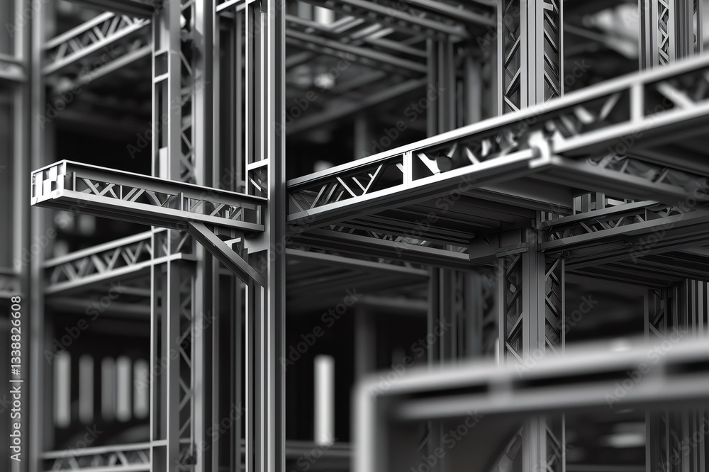 Poster close up of intersecting steel beams and girders creating strong framework for skyscraper, showcasin