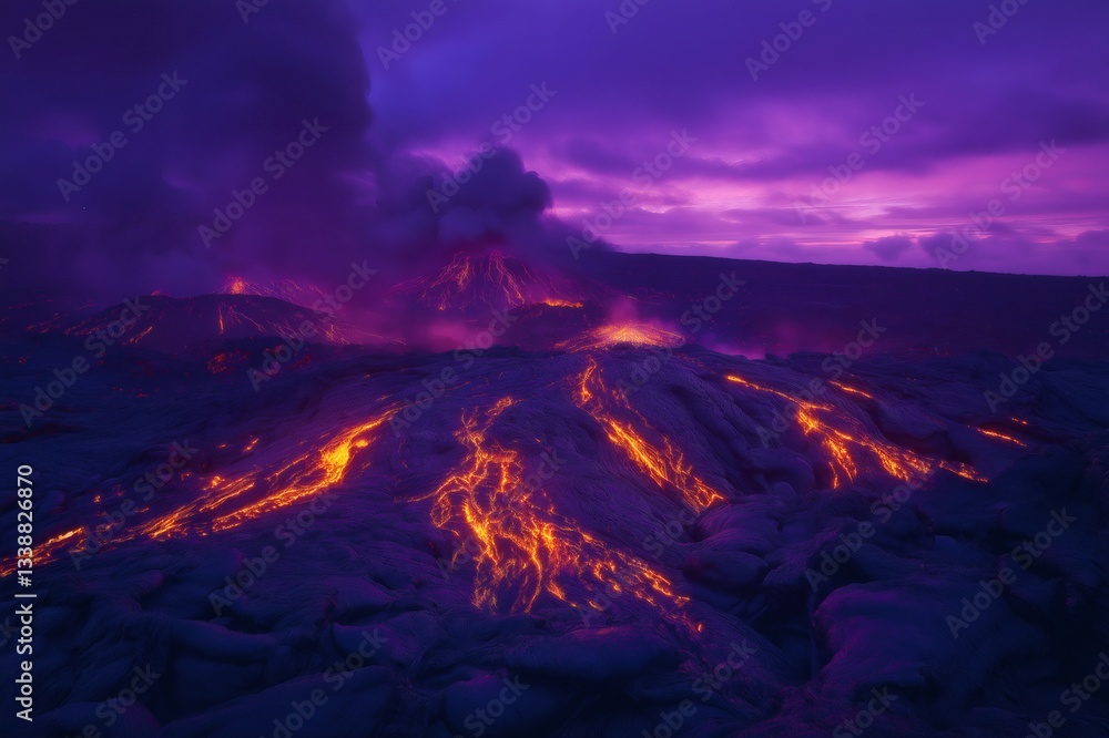 Poster glowing streams of lava cascading down the slopes of an erupting volcano, illuminating the dramatic 