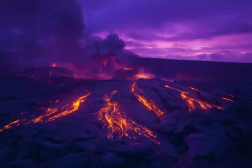Fototapete Glowing streams of lava cascading down the slopes of an erupting volcano, illuminating the dramatic landscape at twilight © Татьяна Евдокимова