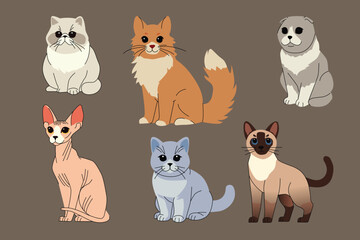 A digital illustration of six different cat breeds, including Persian, Maine Coon, Scottish Fold, Sphynx, British Shorthair, and Siamese. Each cat is uniquely styled, show diverse feline features