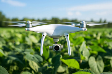 White drone flying over a soybean field capturing high resolution images for smart farming purposes