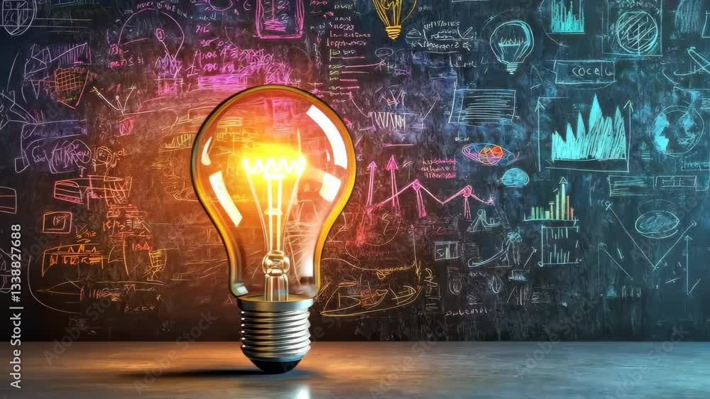 Aufkleber a glowing light bulb symbolizes innovation, shining among business graphs and technical sketches, re
