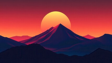 Sunset Over Majestic Mountains - Minimalist Digital Art