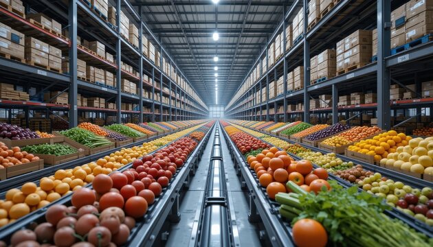 Vibrant vegetable and fruit distribution center warehouse food inventory indoor space aisle perspective efficient supply chain management