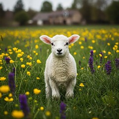 Fototapeta premium A close-up image of a young lamb standing in a field of yellow and purple wildflowers, with a blurred building in the background.