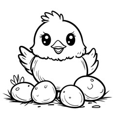 Fototapeta premium Coloring page for kids. Cute chick standing next to eggs in a grassy area during springtime