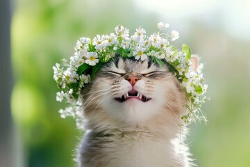 Warm season happiness. Golden sunrise. Cute adult cat selkirk rex wearing free flower crown on its head. Happy pet memories in summer. Summer adventure with a pet. Pet&acirc;&euro;&trade;s outdoor adventure.