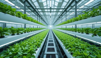 Innovative hydroponic farming techniques transforming urban agriculture indoor greenhouse modern agriculture bright environment wide-angle view sustainability focus