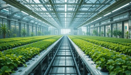 Naklejka premium Innovative indoor plant growth action in a modern greenhouse environment showcasing sustainable agriculture techniques in a lush well-organized space