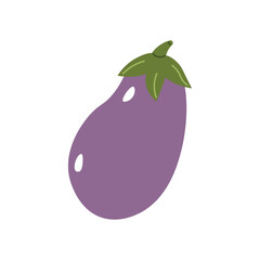 Flat style illustration of an eggplant with green leaves, ideal for healthy eating, cooking projects, and vegetable-inspired designs.