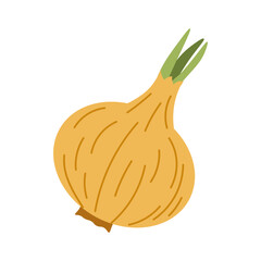 Flat style illustration of an onion with green leaves, ideal for healthy eating, cooking projects, and vegetable-inspired designs.