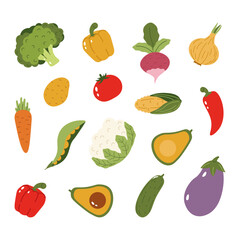 Flat style illustration of various vegetables including broccoli, tomato, and avocado, ideal for healthy eating, cooking, and vegetable-inspired design projects.