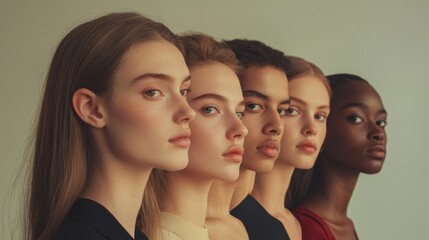 A diverse lineup of models with different facial structures and skin tones, minimalist studio background, editorial-style lighting