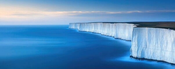 Fototapeta premium Seaside cliffs landscapes concept. Stunning coastal cliffs meeting the serene ocean under a clear blue sky.