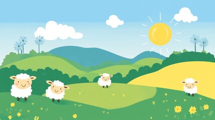 Fototapeta premium Idyllic Cartoon Sheep Grazing in Sunny Green Meadow Landscape