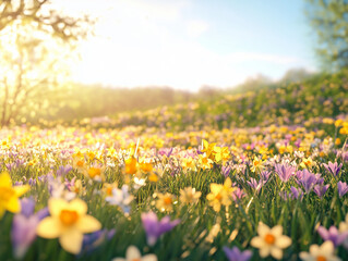 Obraz premium A breathtaking spring meadow covered in vibrant yellow daffodils and purple crocuses, bathed in warm sunlight. A dreamy nature escape full of life and color.