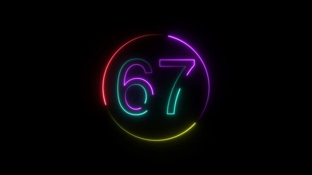  A dynamic circular animation, and glowing neon number 67 animation . on a black background. and creating a stunning video.4k video