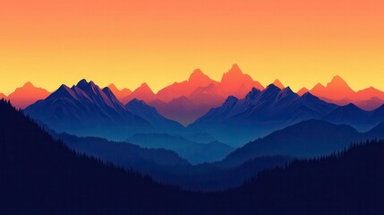Obraz premium Serene Sunset Over Majestic Mountain Range A Digital Landscape Illustration