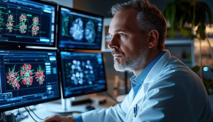 In the heart of a cutting-edge AI research laboratory, a dedicated scientist is immersed in his work, pushing the boundaries of medical innovation Dressed in a pristine, smart-fabric lab coat