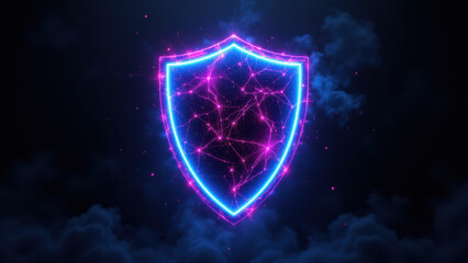 A futuristic shield symbol with a digital twist against a cosmic background, signifying cybersecurity protection for DevOps or Kubernetes.