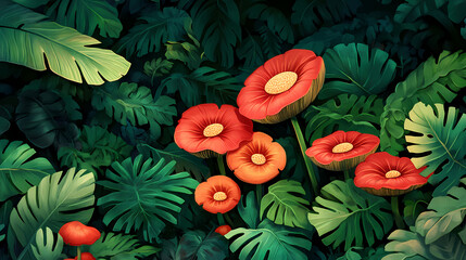 Vibrant red mushrooms nestled among lush green foliage, nature's colorful display. Spore Bloom. Illustration