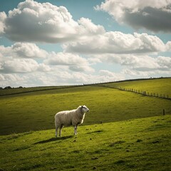 Fototapeta premium A lone sheep standing in a beautiful, green rolling field under a cloudy sky. A peaceful and idyllic pastoral countryside landscape scene.