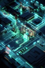 Futuristic cityscape with glowing circuits and technology elements
