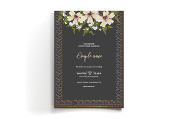 WEDDING INVITATION FRAME WITH FLOWER DECORATIONS AND FRESH LEAVES