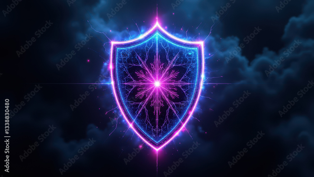 Poster a vibrant digital shield with a glowing kubernetes logo at its core, symbolizing cybersecurity and d